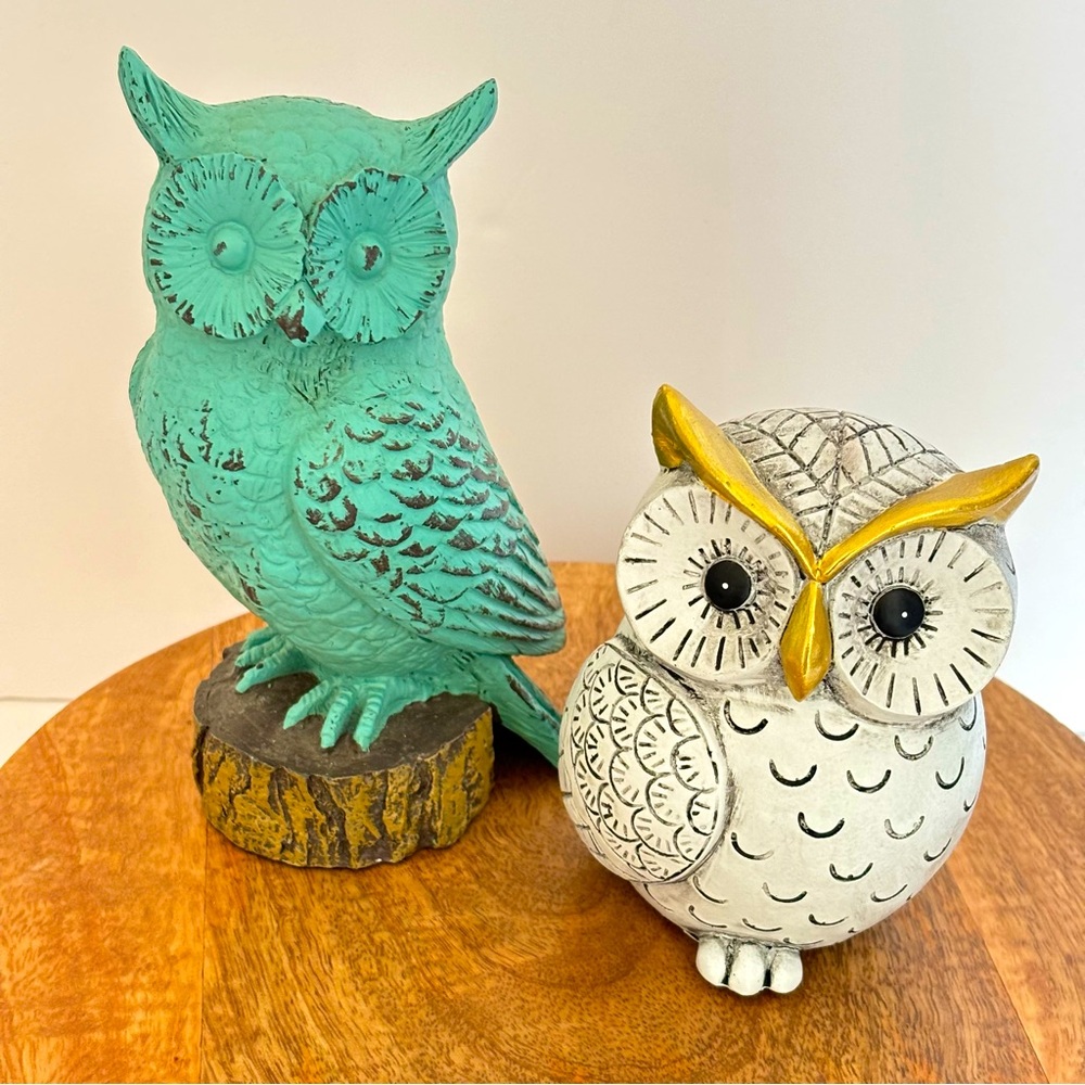 Owl Figurines-Two Turquoise And White
